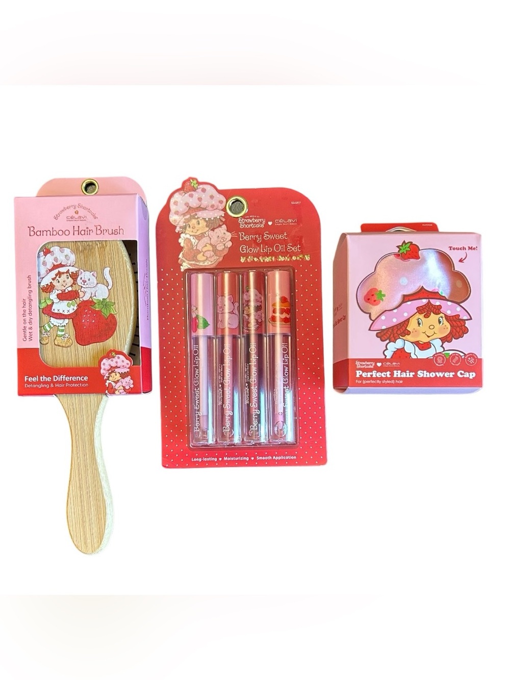 Strawberry Shortcake Beauty Lot Bamboo Hair Brush, Shower Cap, Lip Gloss Set New